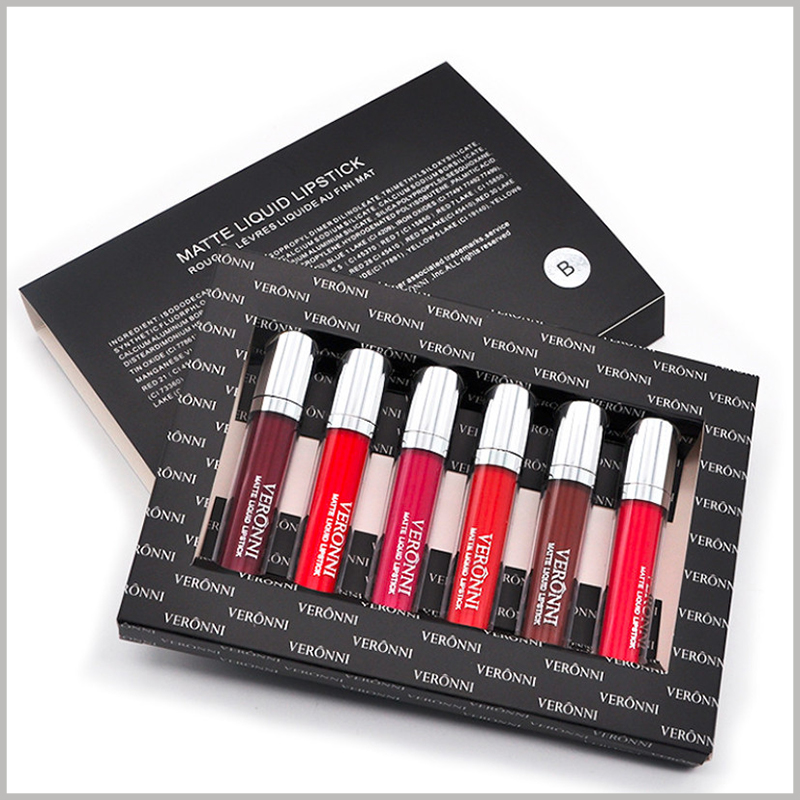 Black lip gloss packaging with windows hold 6 bottles. The black cosmetic packaging is divided into two parts, the outer box of the envelope and the inner box of the lip gloss packaging.