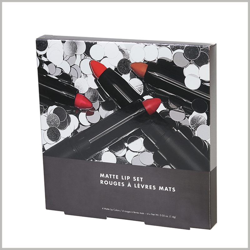 Black makeup boxes for lip pencil packaging. CMYK printing changes the theme color of the box to black, and uses the lip pencil as the main pattern design to replace the promotional product.