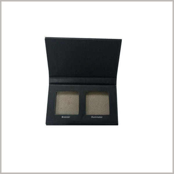 Black small cardboard boxes for two-color eyeshadow packaging. Two square eye shadow tray can be placed inside the packaging box, and the color number of the standard eye shadow will be on the side edge.