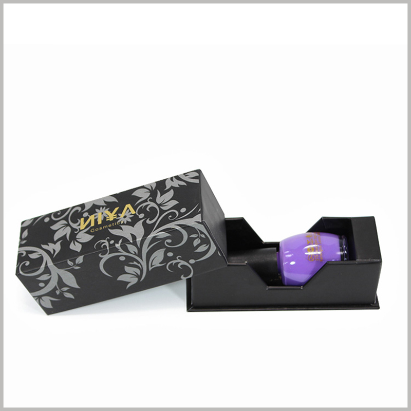 Black small cosmetic boxes for single nail polish packaging. The inner box of the packaging box adopts a semi-enclosed structure, with a downward curvature in the middle to facilitate consumers to take the nail polish in the box.