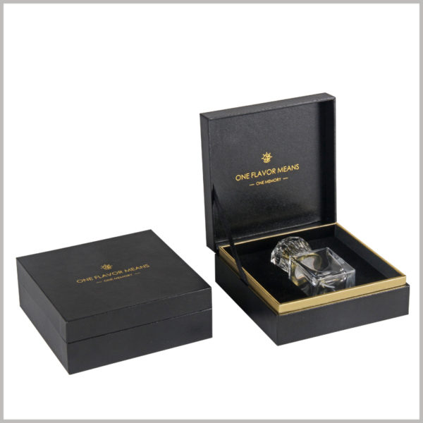 Black square cardboard clamshell boxes for perfume bottles packaging.The inside and outside of the box are made of high-grade black leather paper as laminated paper.