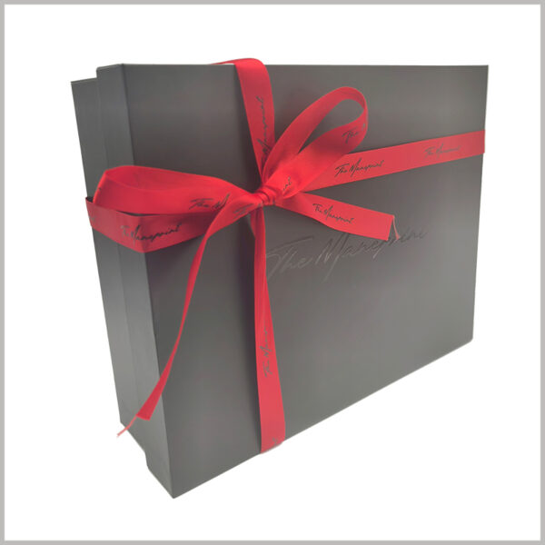 Black wig gift box packaging with printed ribbon