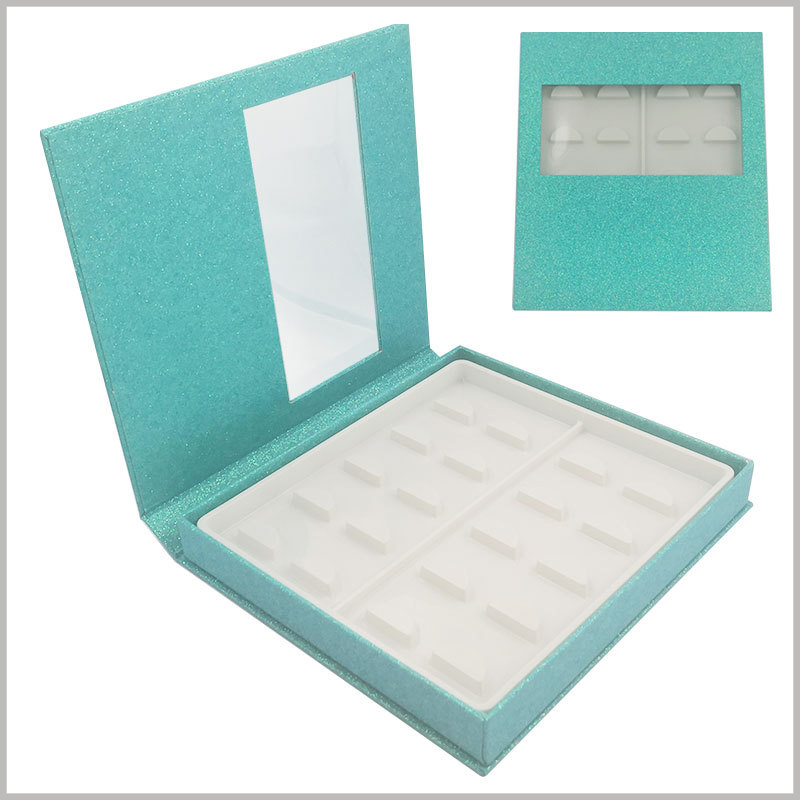 Blue False eyeslash packaging box with window for pack of 10 pairs. The shiny blue eyelashes boxes are full of fashion sense and have important significance for enhancing the attractiveness of false eyelashes.