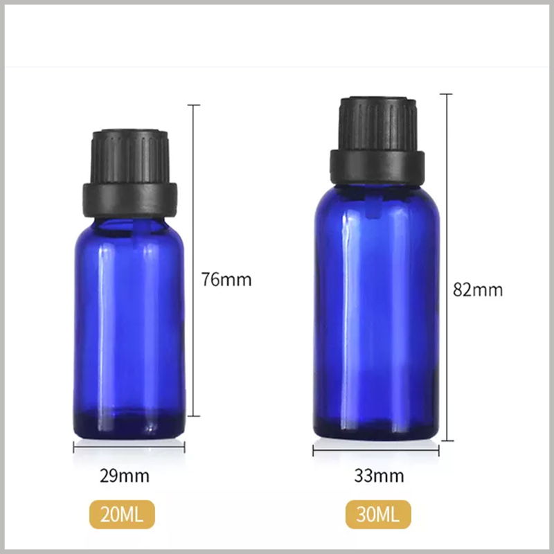 Blue essential oil bottle wholesale, 20ml essential oil bottle is 29mm in diameter and 76mm in height; 30ml is 33mm in diameter and 82mm in height.