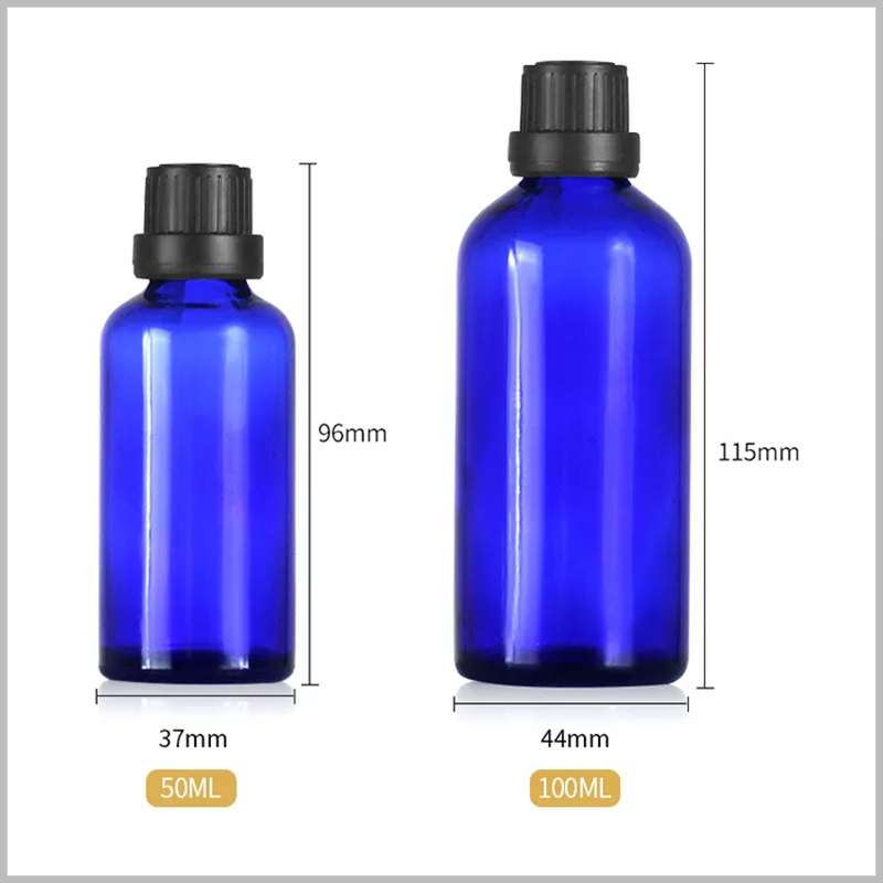 Blue essential oil bottle with with dropper Orifice. The diameter of the 50ml essential oil bottle is 37mm and the height is 96mm; the diameter of 100ml is 44mm and the height is 115mm.