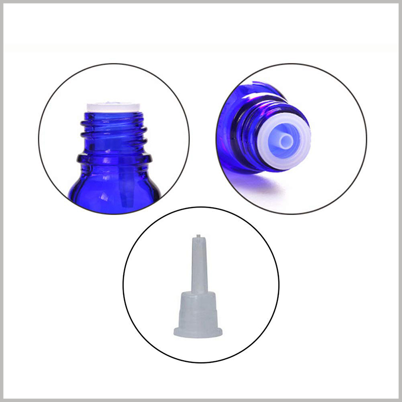 Blue essential oil bottle with with euro dropper Orifice wholesale. The essential oil bottle has a total of three parts: drop hole, plastic screw cap and bottle.