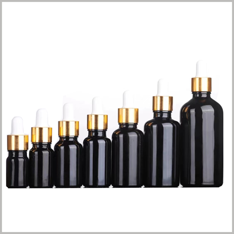 Bright Black Essential Oil Bottle with Golden Ring. The essential oil bottle can be optionally matched with a golden ring and a white rubber cap, which is a good choice.