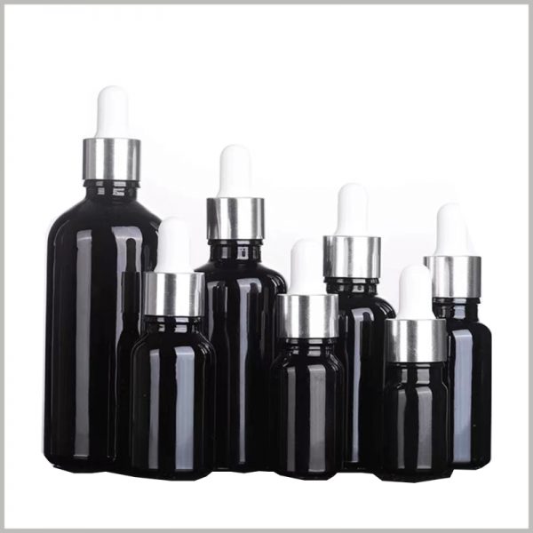 Bright Black Essential Oil Bottle with silver Ring. Among the many options for essential oil dropper bottles, silver ring caps and white rubber caps are the choices of many people.