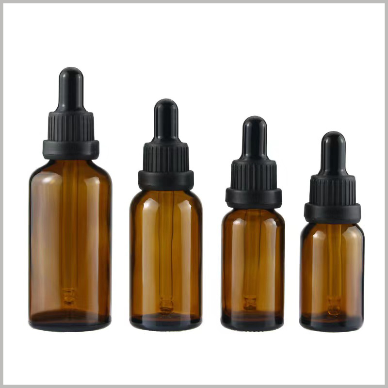 Brown essential oil glass dropper bottles with black lids. You can choose essential oil bottles of different capacities according to your actual needs.