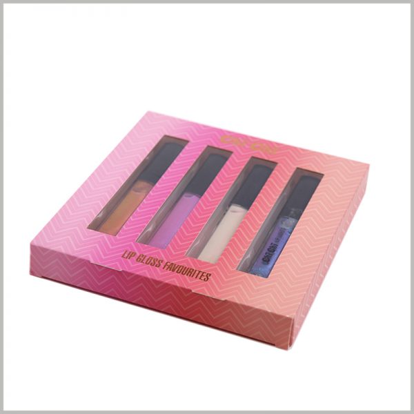Cheap Foldable Cosmetic Lip Gloss packaging Boxes holds 4 bottles. The package has 4 rectangular windows, corresponding to 4 lip gloss tubes, which is a unique way of displaying.