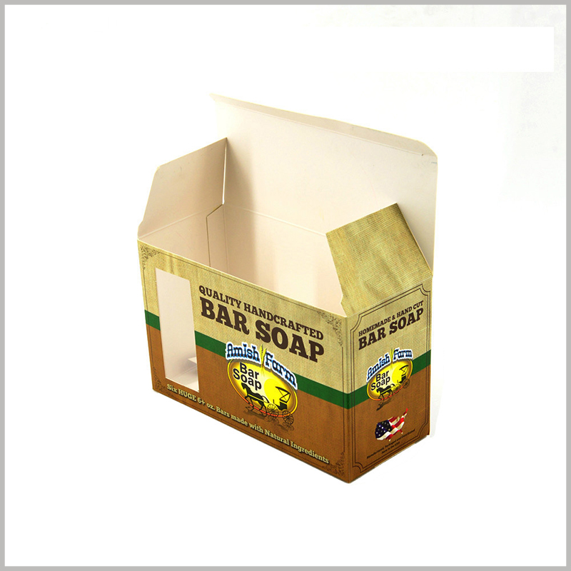 Cheap foldable soap packaging boxes wholesale. Soap boxes made of 350gsm single-powder paper are thin, foldable, and have low packaging costs.