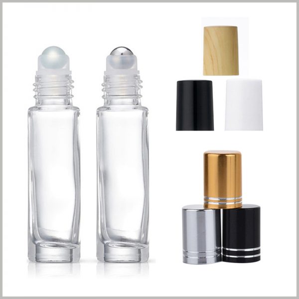 Clear essential oil glass roll bottle with roller ball. We have different styles of anodized aluminum lids and plastic lids to choose from to meet your market needs.
