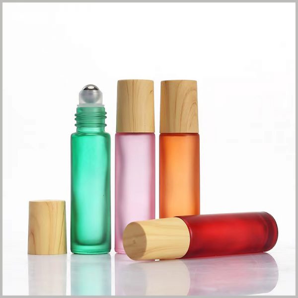 Color essential oil roller bottles with wooden lids