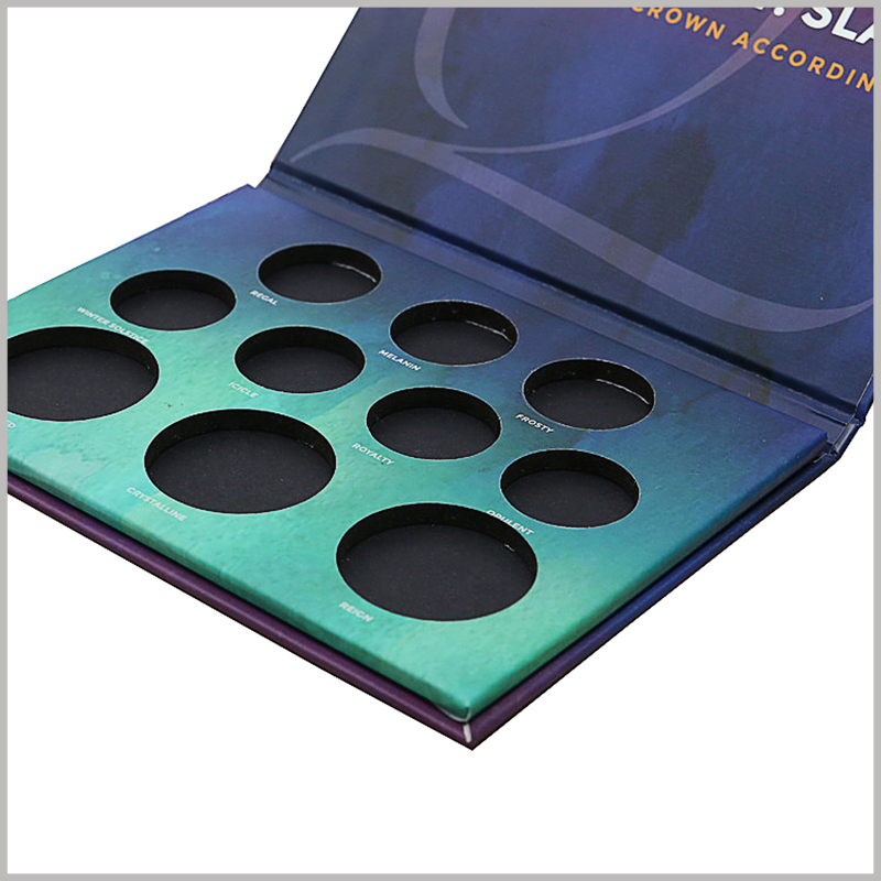 Creative printed boxes for 10-colors eyeshadow palette packaging. A total of 10 colors of eyeshadow can be accommodated in the customized eyeshadow package. There are three different capacities to choose from.