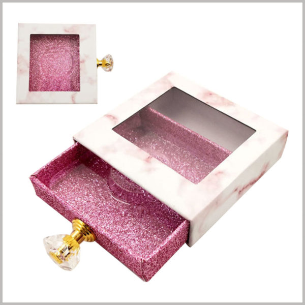 Custom Eyeslash packaging boxes with diamond knob and window. Fashionable cosmetic packaging, diamond-shaped handles improve the quality of packaging and product value.