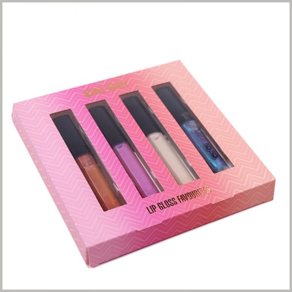 Custom Foldable Cosmetic Lip Gloss packaging Boxes holds 4 bottles. There is clear plastic inside the lipstick package, which is used to fix 4 lip glosses in a specific position.