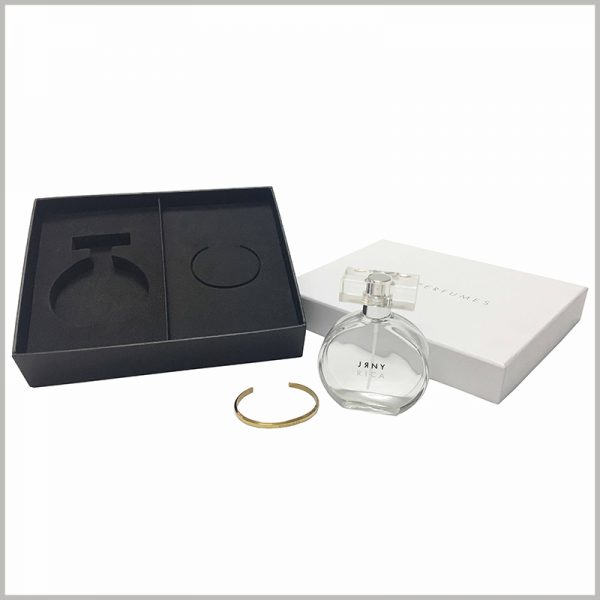 Custom Perfume packaging boxes with jewel decoration. EVA inserts can fix perfume and bracelet jewelry inside the perfume boxes for display.