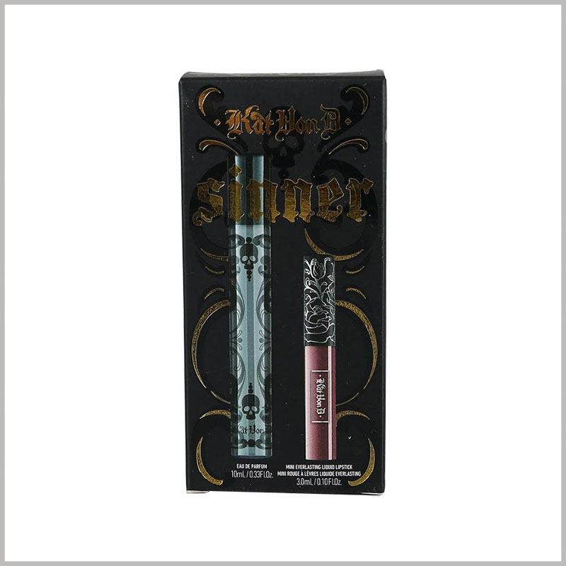 Custom Printed black packaging box for 10ml and 3ml lip gloss.The packaging box uses cardboard as the raw material and adopts the structure of folding carton. The overall design of the box is gorgeous