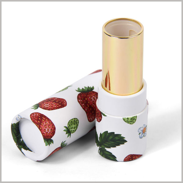 Custom Printed cardboard tubes for lipstick packaging boxes. Strawberry is the main design pattern printed on paper tubes, and lipstick products are attractive to customers.