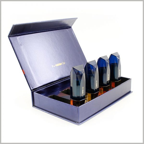 Custom large lipstick gift boxes holds 4 bottles. The customized packaging has a surface with a light glue treatment to increase the gloss of the packaging.