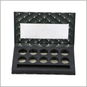 Custom packaging for 10 color eyeshadow with makeup brush. Unique eye shadow palette packaging design, 10 color eyeshadows and cosmetic brushes are sold together.