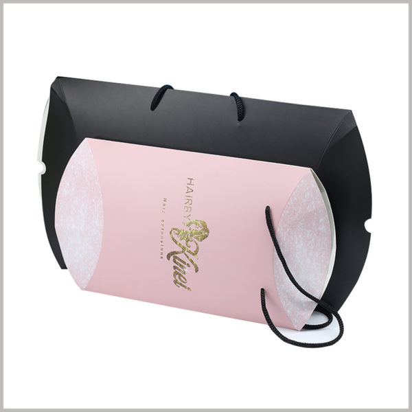 Custom pillow boxes for hair bundles packaging. You can choose pink or black pillow boxes according to the characteristics of the product, and the size of the customized packaging can also be differentiated.