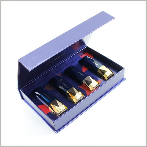 Custom printed lipstick gift boxes holds 4 bottles. Large cardboard box packaging, flip packaging design, opening the package to use the product is very easy.