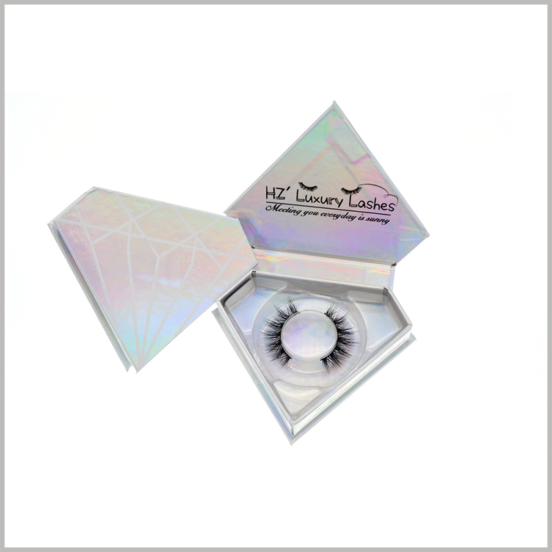 Diamond-shaped creative eyelashes boxes with logo wholesale.Laser paper is used as a laminate for false eyelash packaging, which improves the color richness and attractiveness of the packaging.