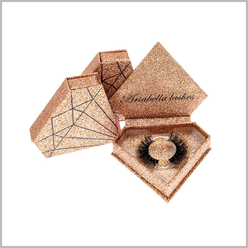 Diamond-shaped creative packaging for eyelashes boxes.The structure and pattern of this golden package is similar to "diamond", attracting the attention of many consumers, and people are impressed by the package and product.