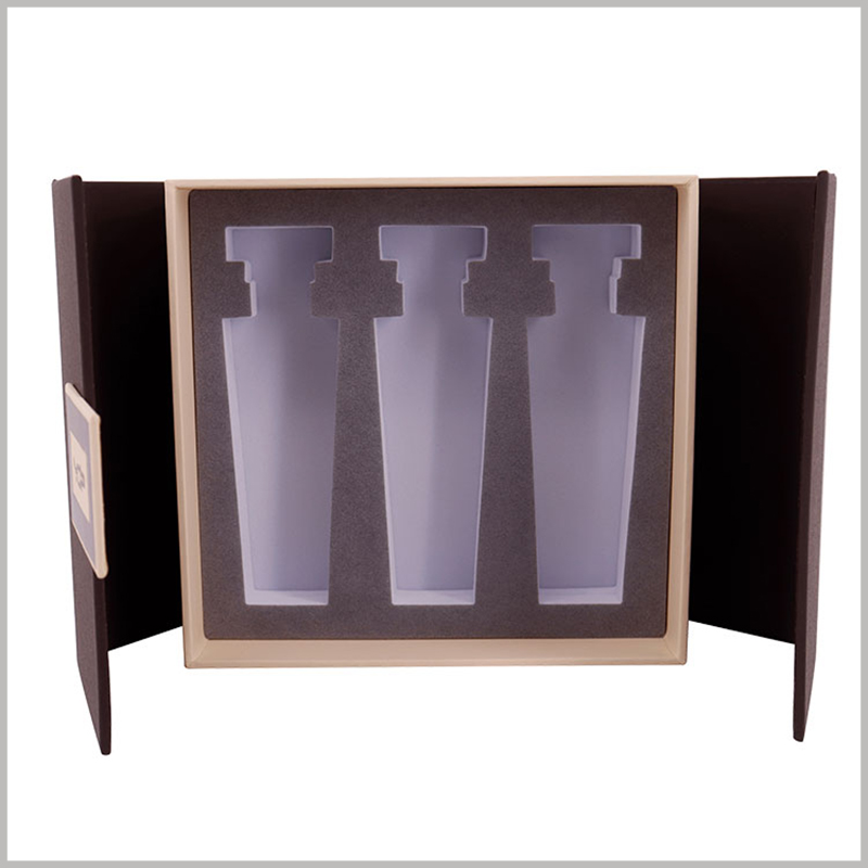 Double door style packaging for three bottles skincare. In order to make the skin care bottle to be well fixed and displayed, you can choose EVA as the insert.