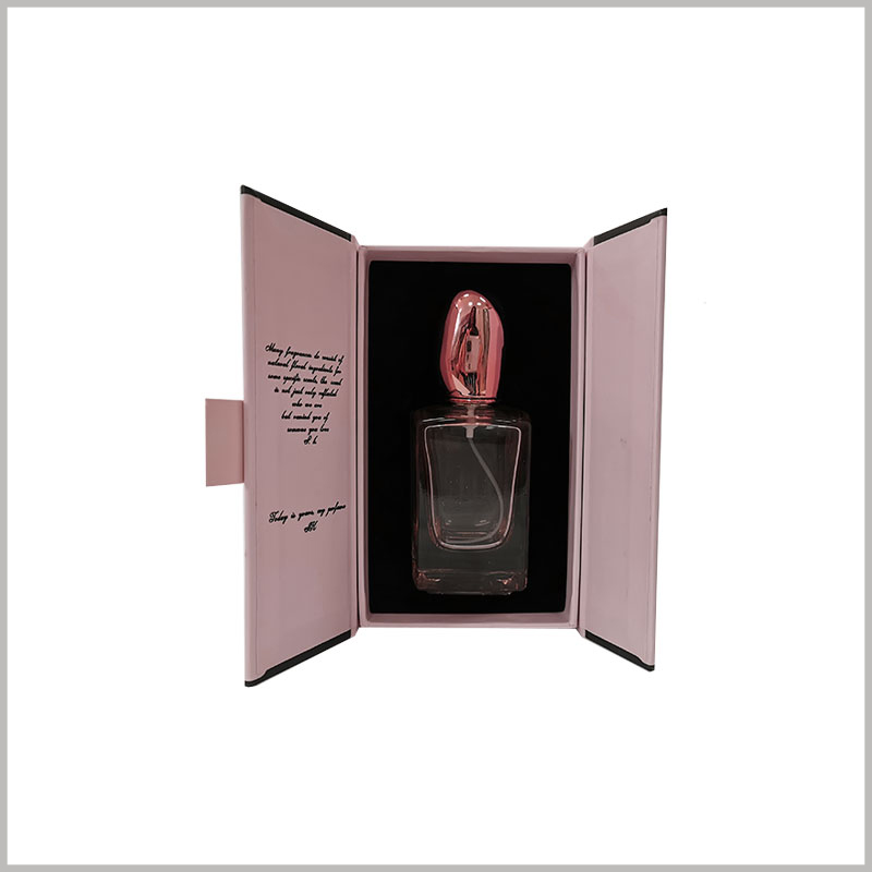 Double open gift boxes for perfume bottles, There is black flocking EVA inside the package to fix the fragile perfume bottle to maintain product stability