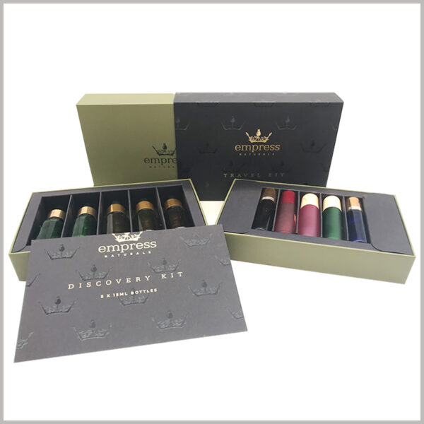 Drawer gift boxes for 5 bottles of essential oil packaging, envelopes and postcards are printed with hot stamping and UV printing