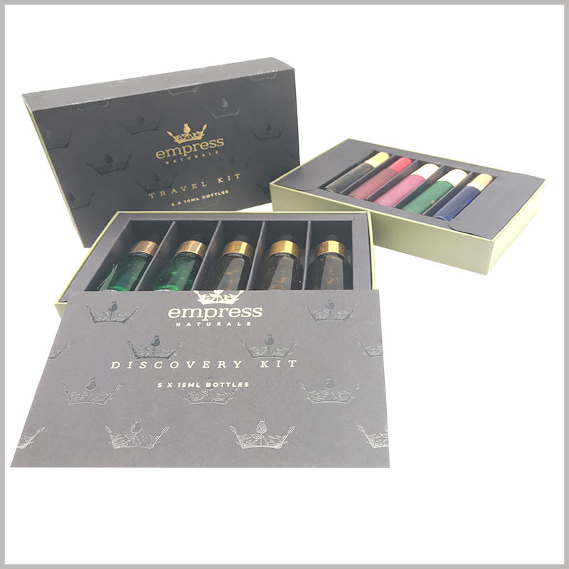 Drawer gift boxes for essential oil packaging, with different paper card designs inside, which can hold 10ml roll-on bottles or 15ml dropper bottles respectively