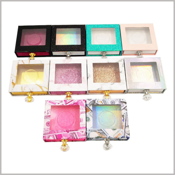 Custom square Eyelash packaging box with diamond knob and window wholesale.