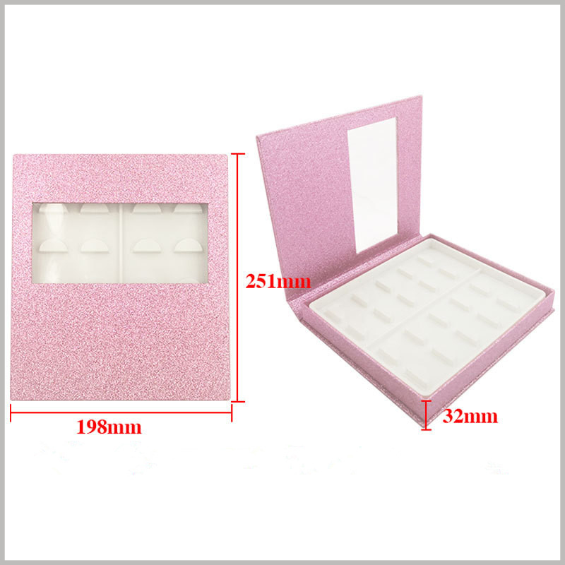 False eyeslash packaging box with window for pack of 10 pairs.Box size: L251xW198xH32mm, Material: 1000GSM Cardboard + Texture Paper + Plastic Tray, Weight: 240gsm.