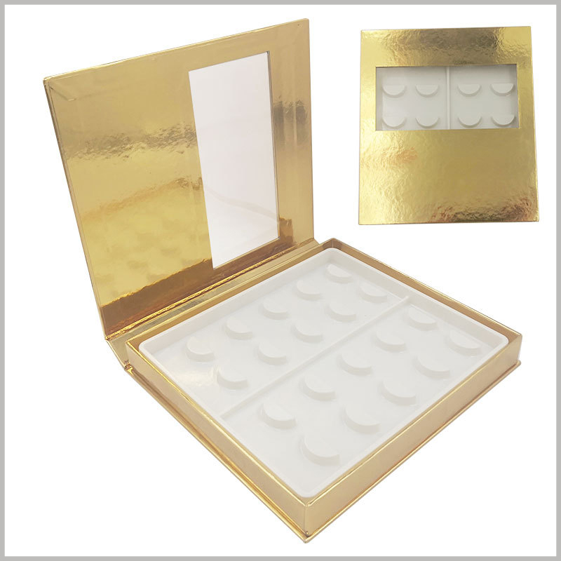 False eyeslash packaging boxes with window for pack of 10 pairs. The golden cardboard box packaging has a transparent window design, which will allow you to see the style of some false eyelashes, increasing the attractiveness.