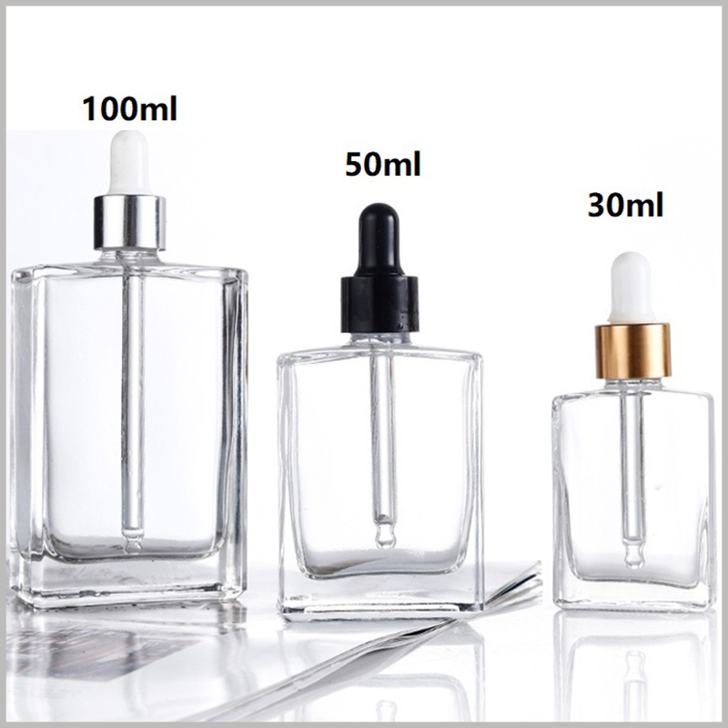 Flat square clear essential oil dropper bottle. Essential oil bottles of different capacities, with different sizes, can be used as a reference for the customization of essential oil packaging.