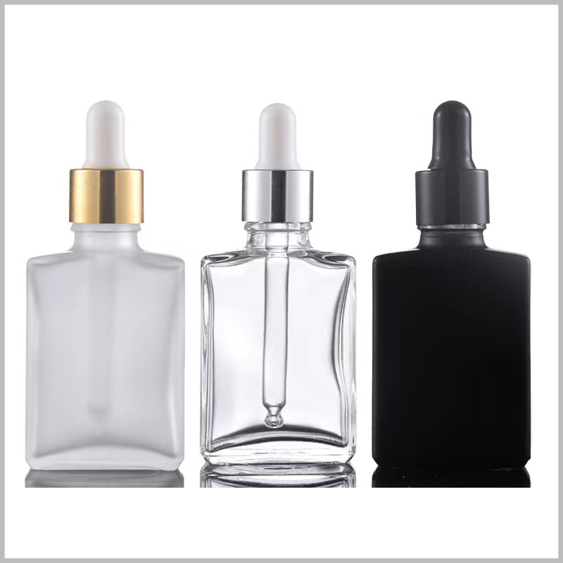 Flat square clear essential oil dropper bottles wholesale. The essential oil bottle has a variety of options such as scrub, black, clear, and the choice of caps is also diverse.