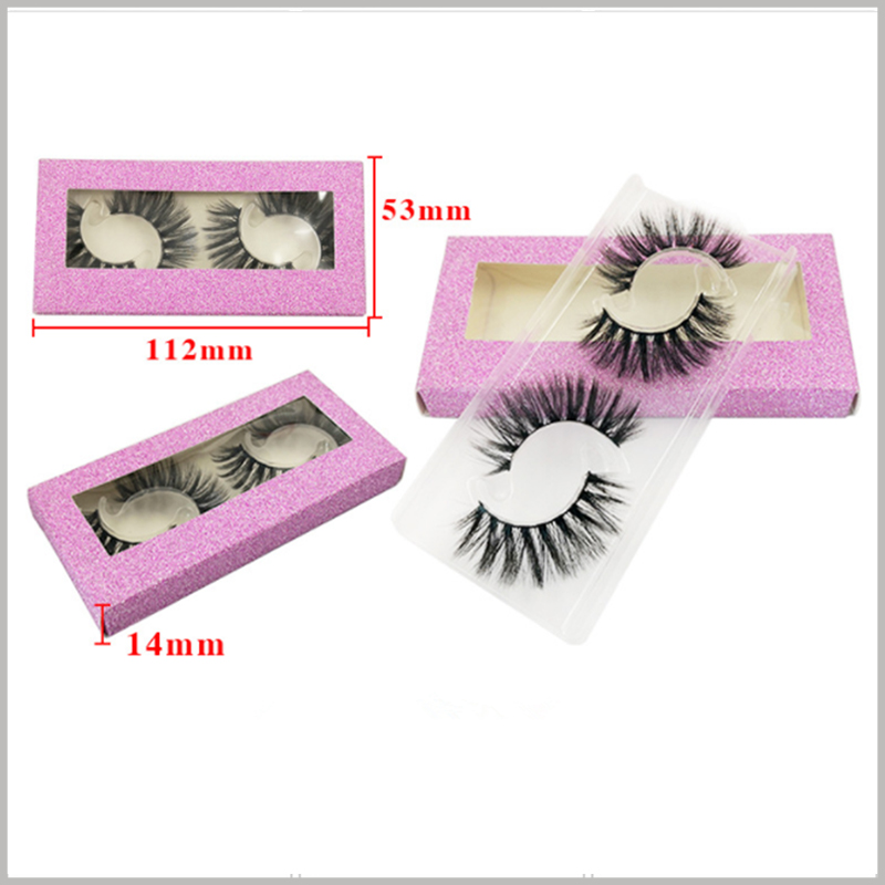 Foldable False eyeslash packaging with window for pack of 2 pairs. Box size: L112xW53xH14mm, Material: 350GSM Texture Cardboard+ PVC Window + Plastic Tray, Weight 10gsm