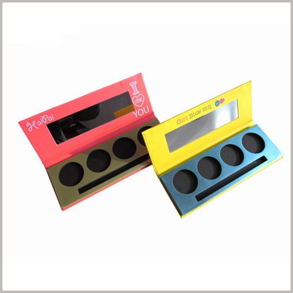 Four-color eyeshadow packaging with makeup brush wholesale. The same eye shadow model can have multiple similar packaging designs, and choose the best as the product packaging.