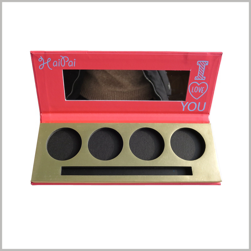 Four-color eyeshadow packaging with makeup brush. The makeup mirror inside the lid of the customized eyeshadow palette will make it easier to use the eyeshadow products.