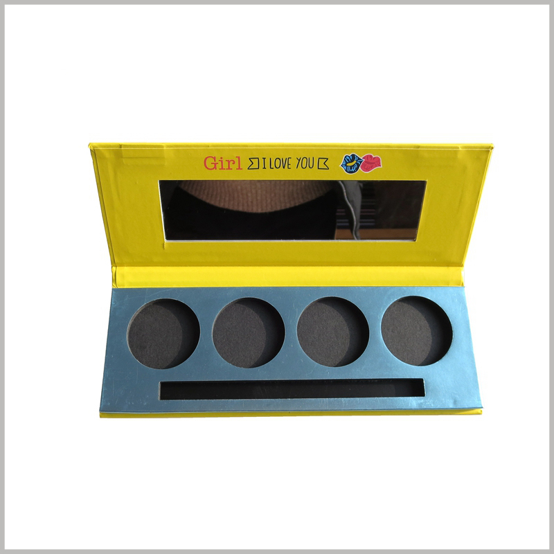 Four-colors eyeshadow packaging with makeup brush. The customized eye shadow palette packaging is cleverly designed. The interior will accommodate four-color eye shadow and an eye shadow brush at the same time. Customers will not need to purchase an eye shadow brush separately.