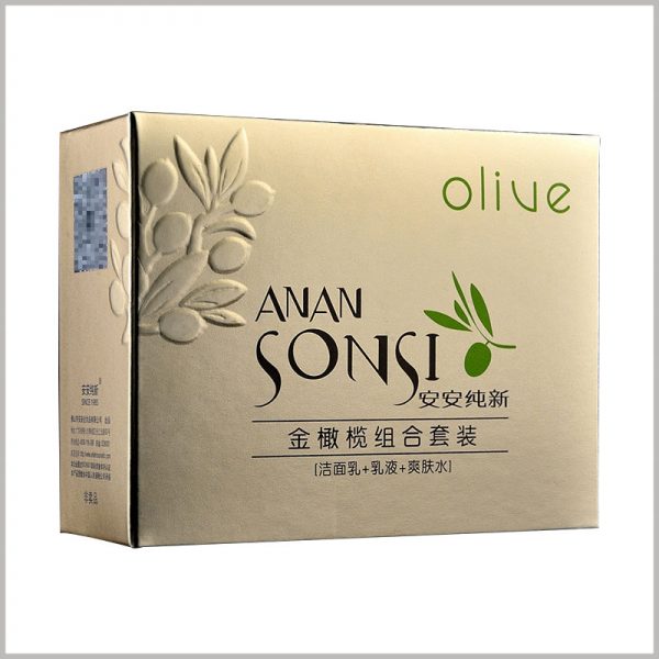 Gold skin care product packaging with emboss printing. The packaging of skin care products has a golden visual sense, and customers' awareness of the potential value of the product will be improved.