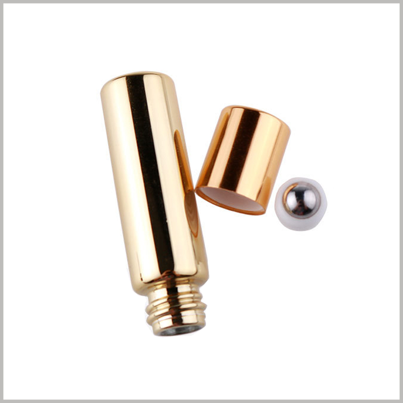 Golden UV Glass essential oil roller ball bottles wholesale, consists of four parts, namely glass bottle body, plastic card holder, roller ball and anodized aluminum lid.