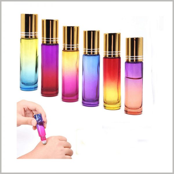 Gradient color essential oil roller bottles with aluminum cap and steel roller ball wholesale. We have essential oil bottles in a variety of colors to choose from, and can be used as a massage when using essential oils.