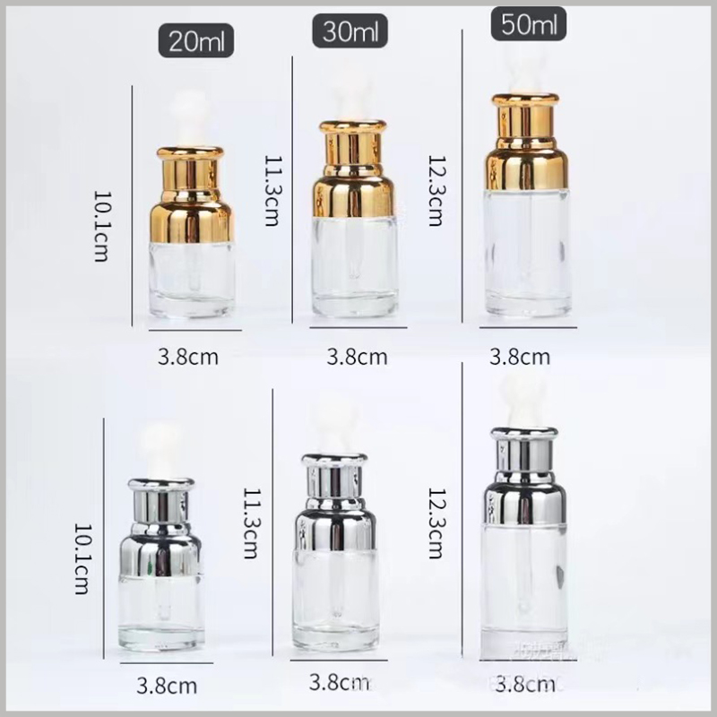 High Grade Transparent essential oil Dropper Bottle size, the squeeze essential oil bottle has 20ml, 30ml, 50ml and other capacities, please refer to the picture for the specific size.