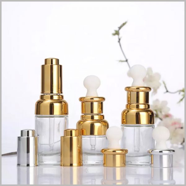 High Grade Transparent essential oil Dropper Bottle solution, the top half of the bottle is decorated with gold metal to enhance the luxury of the packaging.