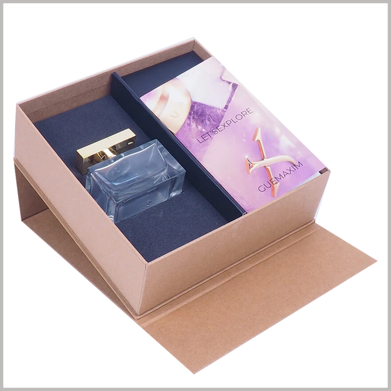 Kraft paper boxes for perfume packaging. The top cover of one side of the customized perfume packaging can be placed with greeting cards or instructions.