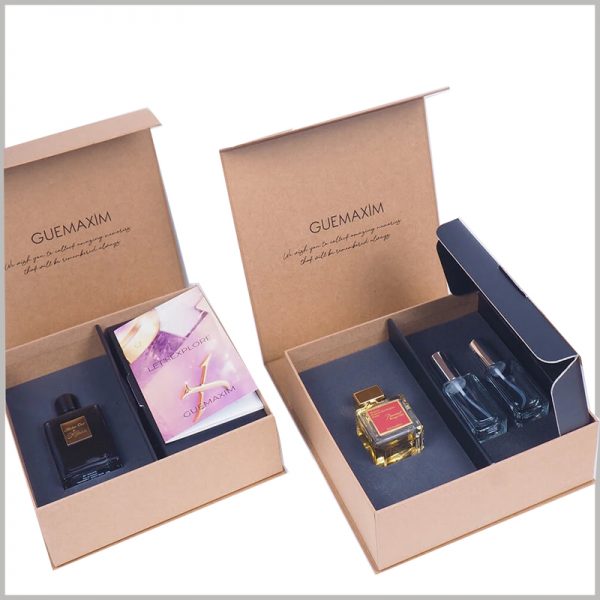 Kraft paper boxes for perfume set. As kraft paper packaging is brown, as a representative of natural color, it is considered environmentally friendly packaging and biodegradable.
