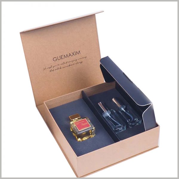 Kraft paper packaging boxes for perfume set. The custom perfume packaging uses brown as the theme, reflecting the characteristics of environmentally friendly packaging.